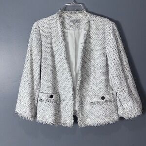 Kasper Womens Black White Tweed Fringed Open Front Blazer Jacket Size 14